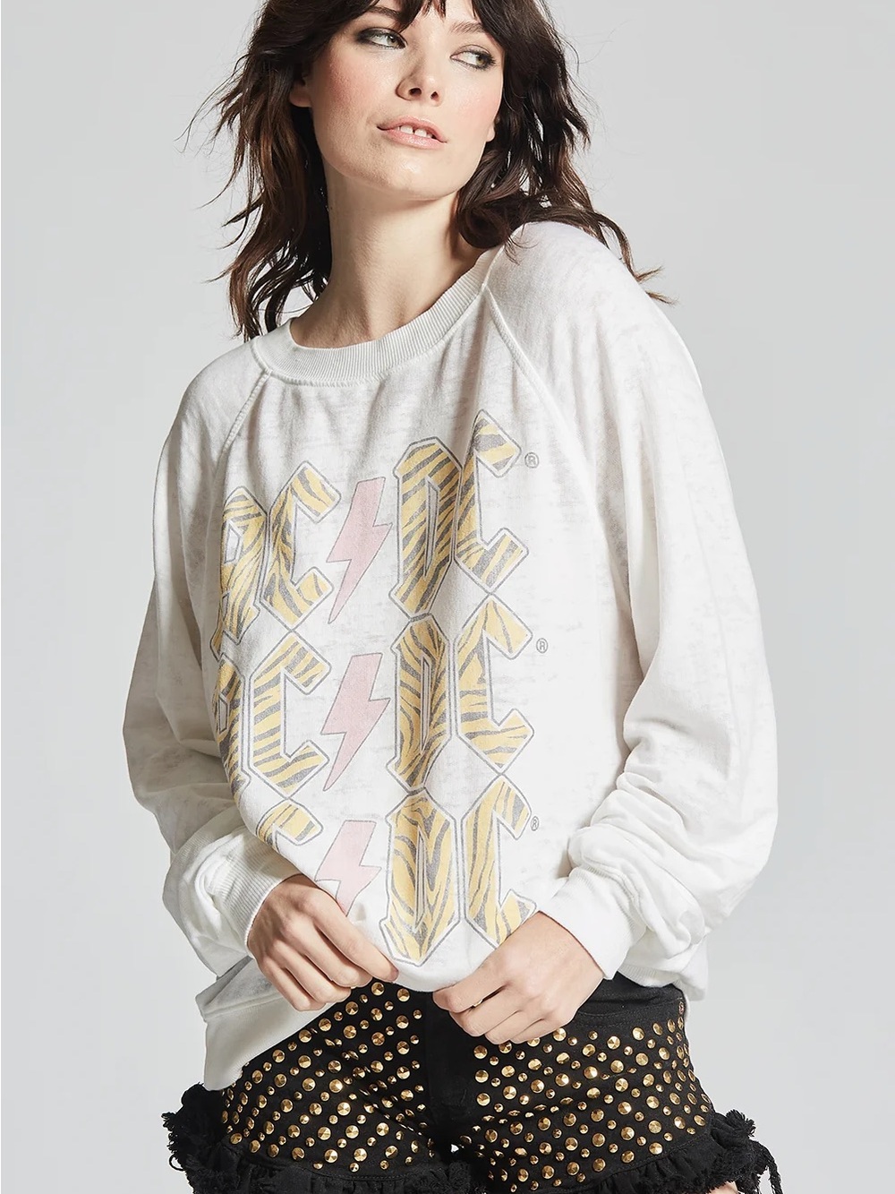 AC/DC White Crewneck Sweatshirt with Yellow and Pink Graphic